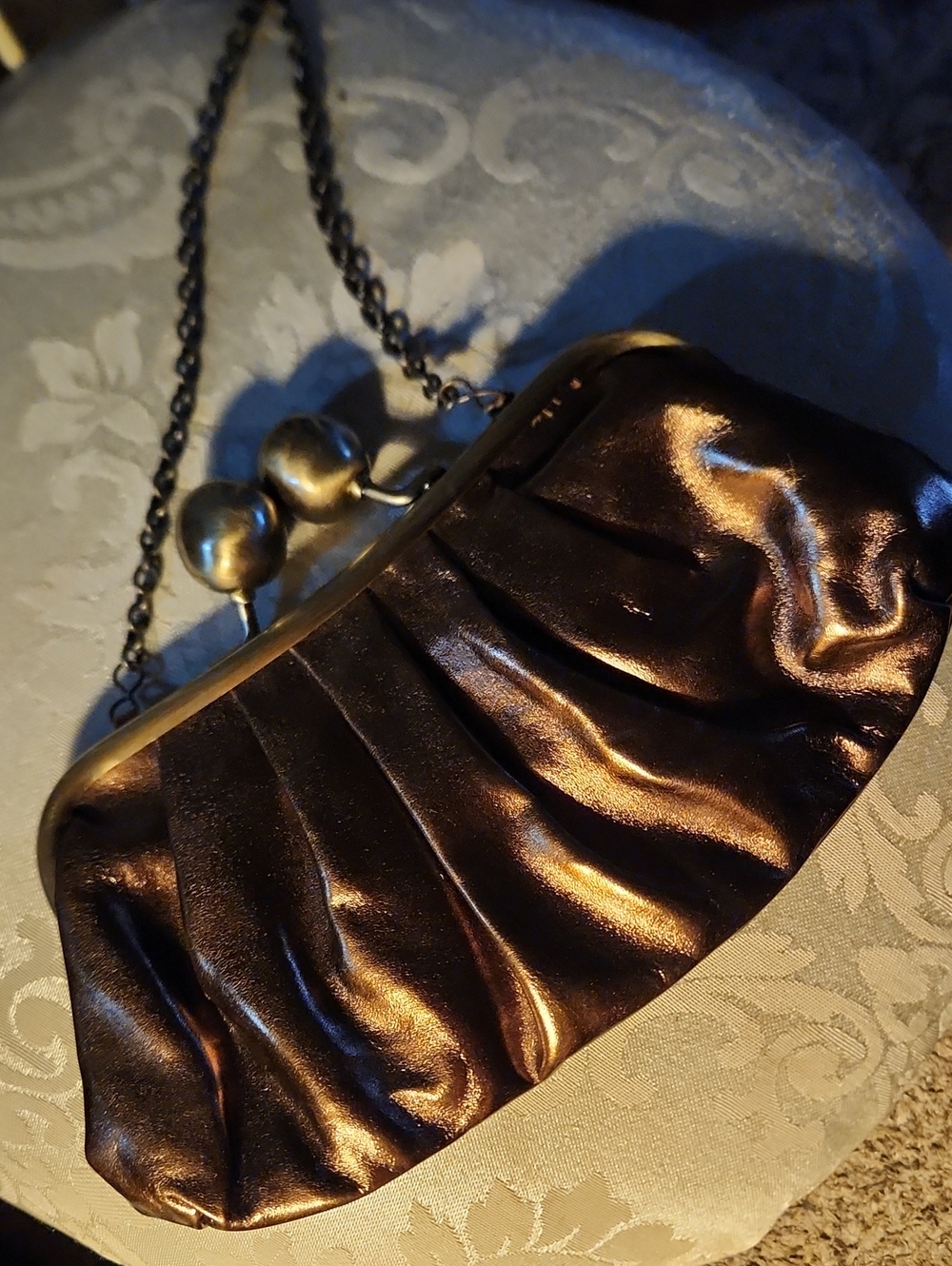La Regale Metallic Bronze Pleated Chain-Handle Evening Clutch